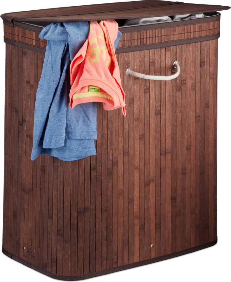 Relaxdays 2x wasmand met deksel 2 vakken bamboe wasbox mand voor wasgoed bruin