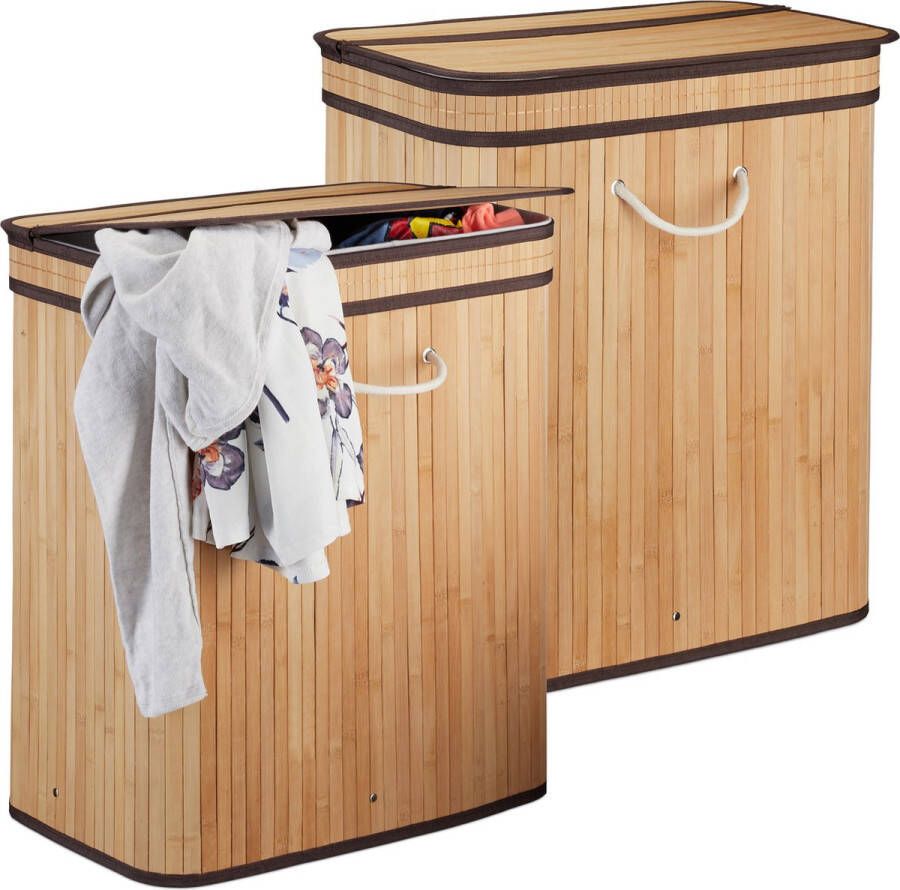 Relaxdays 2x wasmand met deksel 2 vakken bamboe wasbox mand voor wasgoed natuur