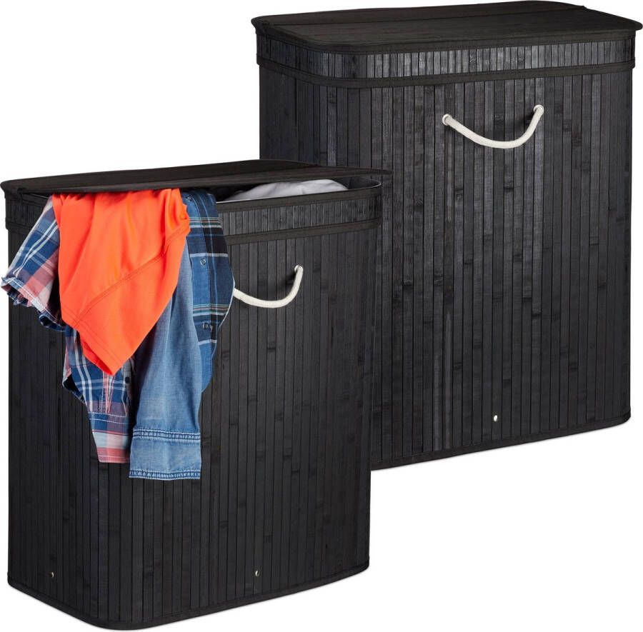 Relaxdays 2x wasmand met deksel 2 vakken bamboe wasbox mand voor wasgoed zwart