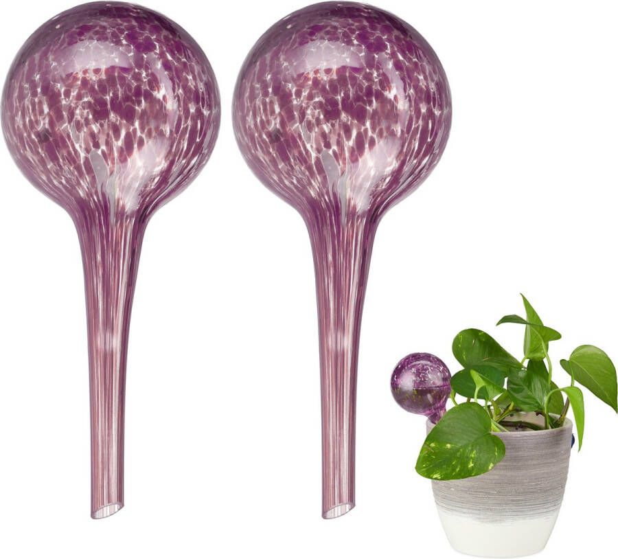 Relaxdays 2x waterdruppelaar glas paarse waterbollen voor planten Ø 6 cm vakantie