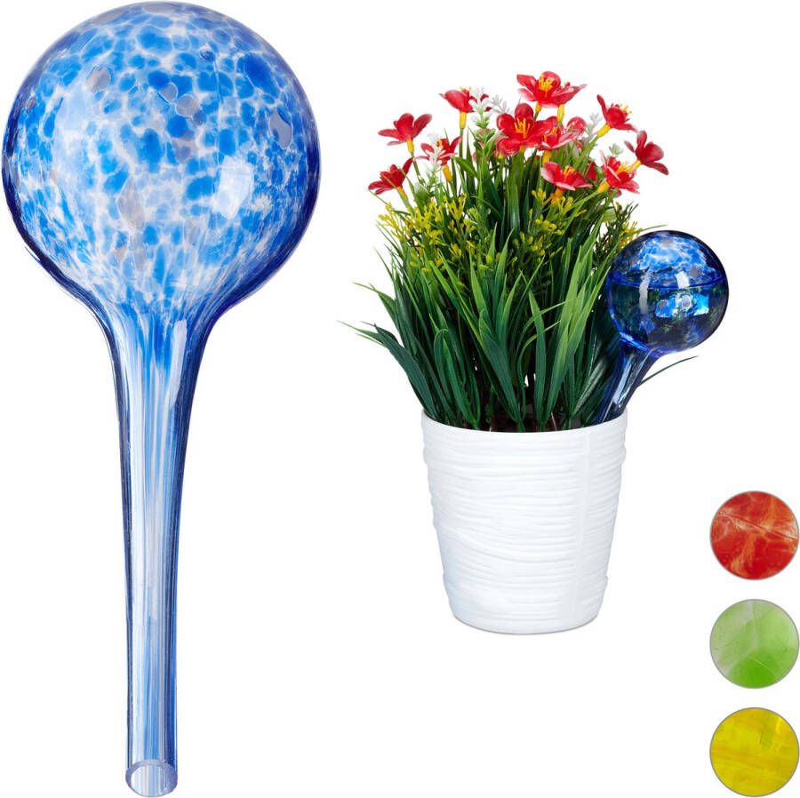 Relaxdays 2x waterdruppelaar glas waterbollen voor planten Ø6cm blauw