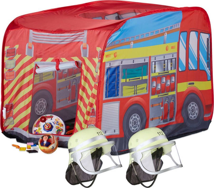 Relaxdays 3-delige brandweer set 2 brandweerhelmen met vizier speeltent -voor kinderen