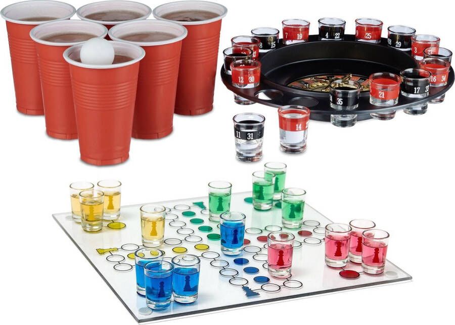 Relaxdays 3 delige drinkspel set XXL drinkspel Ludo Roulette Beer Pong bekers drankspel