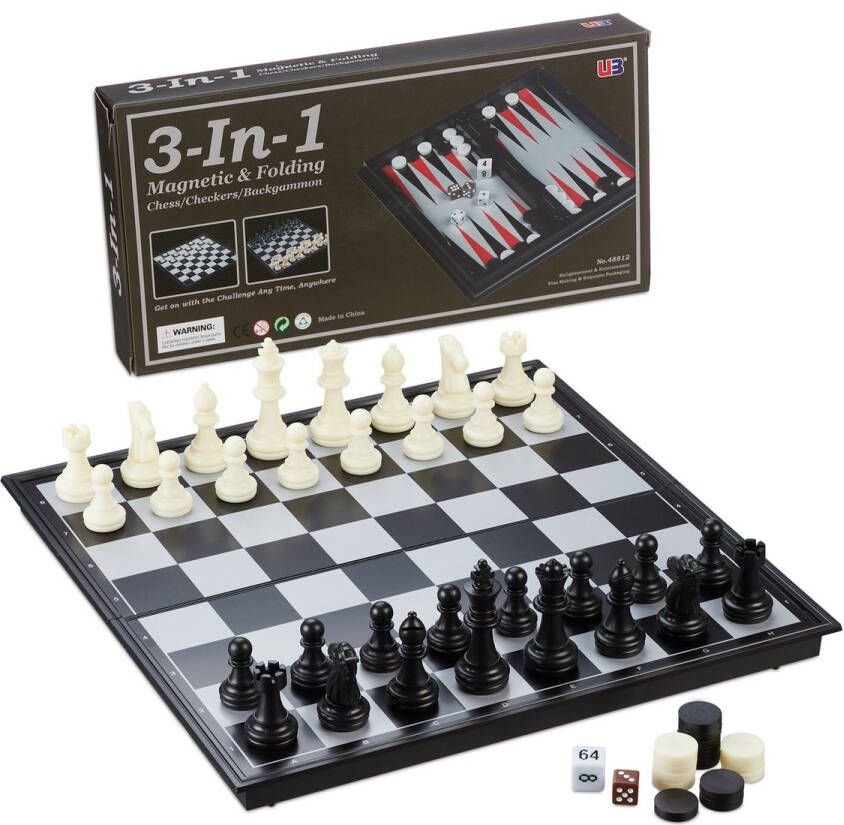 Relaxdays 3-in 1 schaakbord set damspel backgammon reisspel- magnetisch inklapbaar