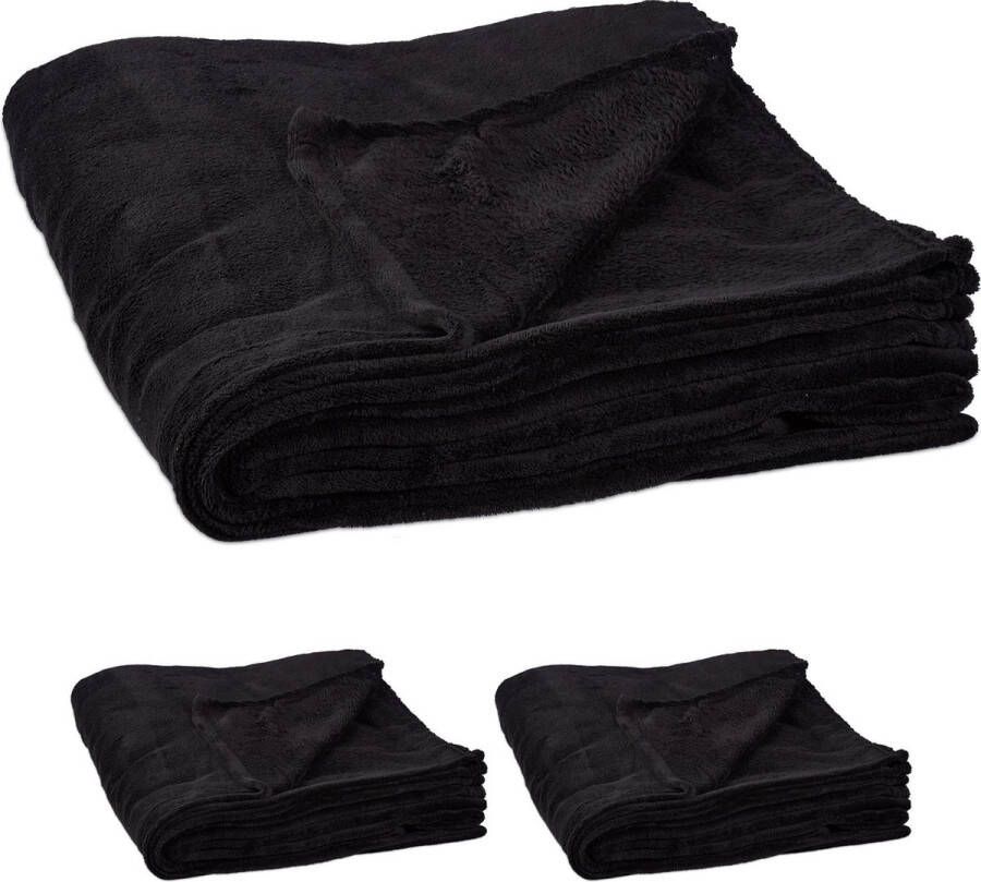 Relaxdays 3 x fleece deken groot plaid – woondeken grand foulard 150x200 cm – zwart
