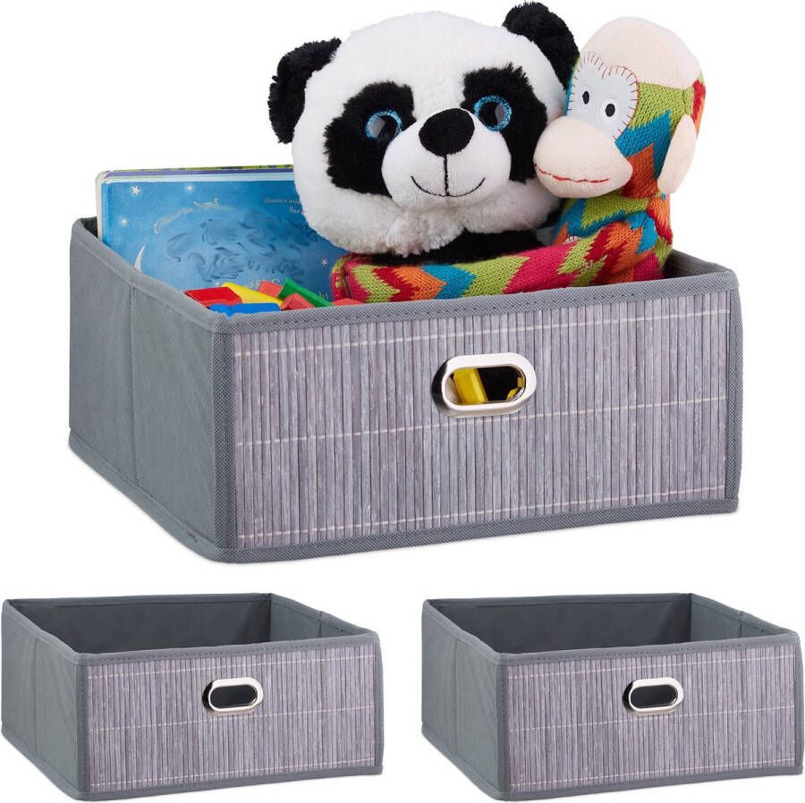 Relaxdays 3 x opbergmand badkamer bamboe mand opbergdoos stof opbergbox grijs