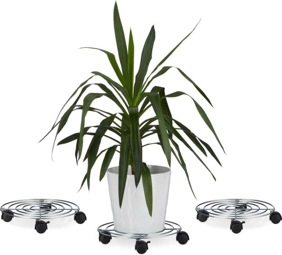 Relaxdays 3 x plantentrolley met rem ronden plantenbakroller multiroller van metaal