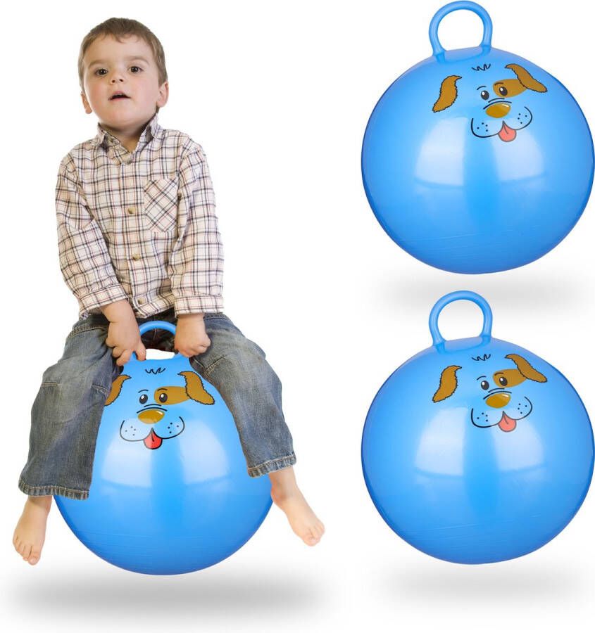 Relaxdays 3 x skippybal in set voor kinderen hond design springbal blauw