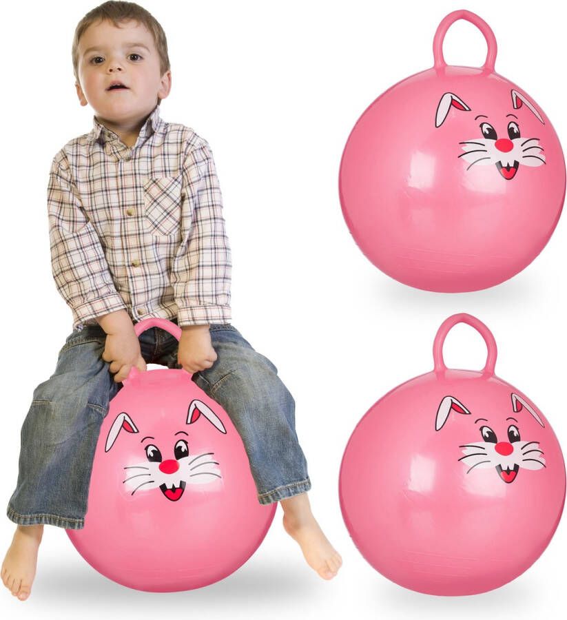 Relaxdays 3 x skippybal in set voor kinderen Met konijn opdruk springbal roze