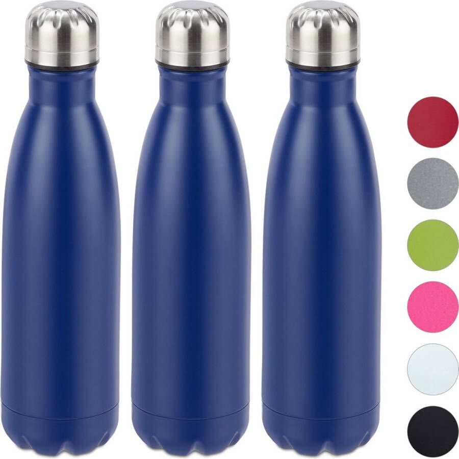 Relaxdays 3 x Thermosfles drinkfles thermosbeker thermos isoleerfles 0 5 l blauw