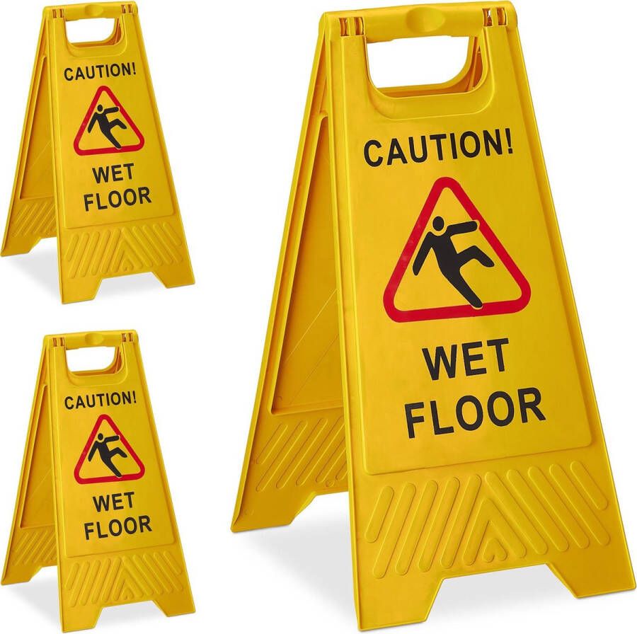 Relaxdays 3 x waarschuwingsbord „Caution Wet Floor“ klapbaar gladde vloer bord geel