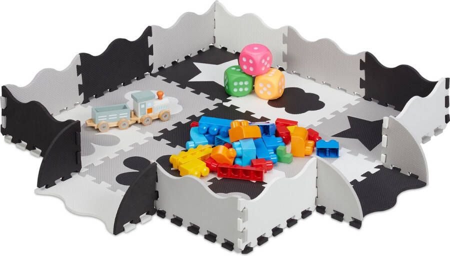 Relaxdays 34-delige speelmat met rand puzzelmat kinderkamer speeltegels vloerpuzzel grijs