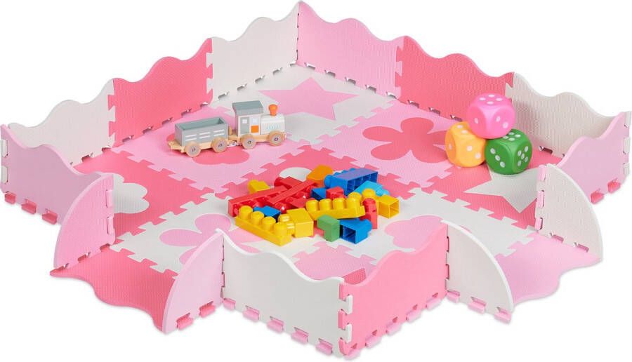 Relaxdays 34-delige speelmat met rand puzzelmat kinderkamer speeltegels vloerpuzzel roze