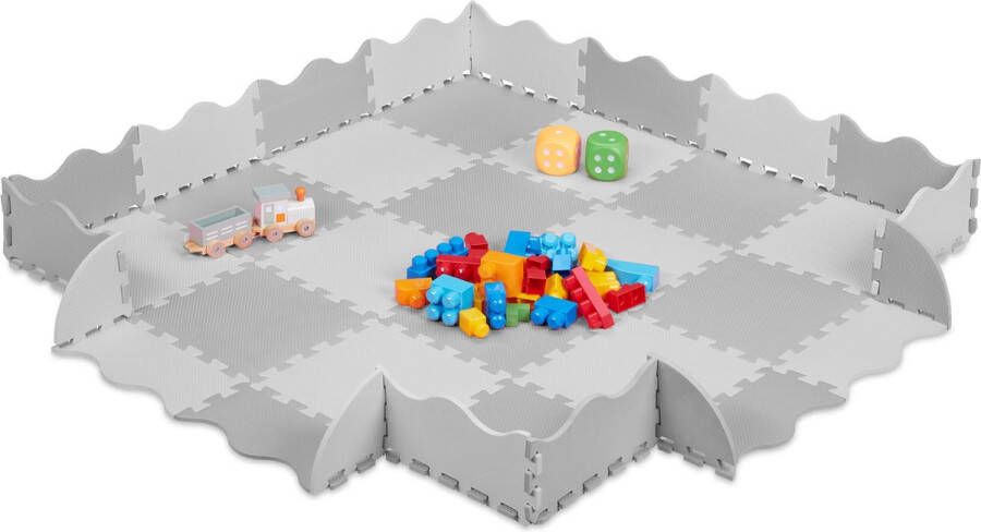 Relaxdays 36-delige speelmat foam puzzelmat met rand speeltegels puzzeltegels baby grijs