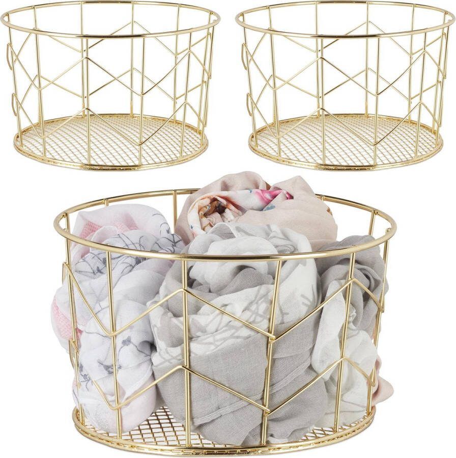 Relaxdays 3x draadmand metaal goud opbergmand metalen mand mandje rond