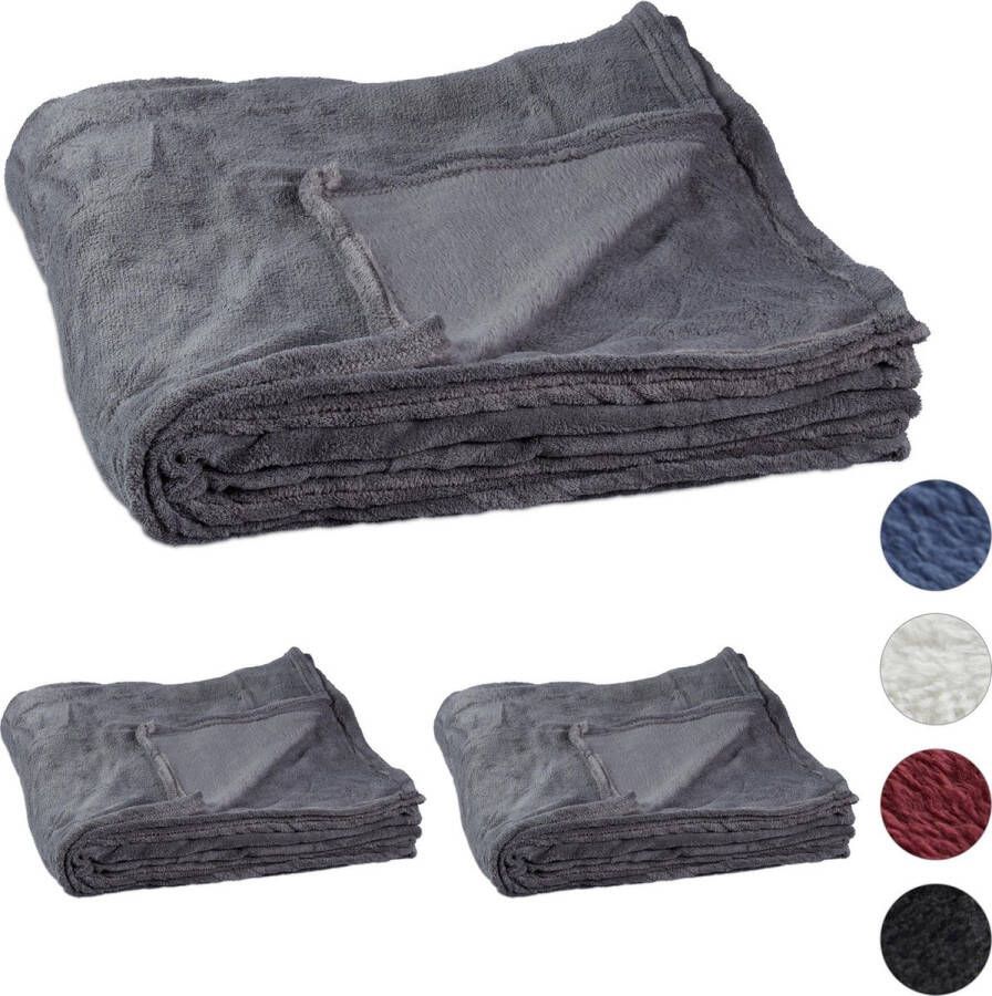 Relaxdays 3x fleece deken 200x220 cm plaid bank kleed polyester grijs- xxl groot