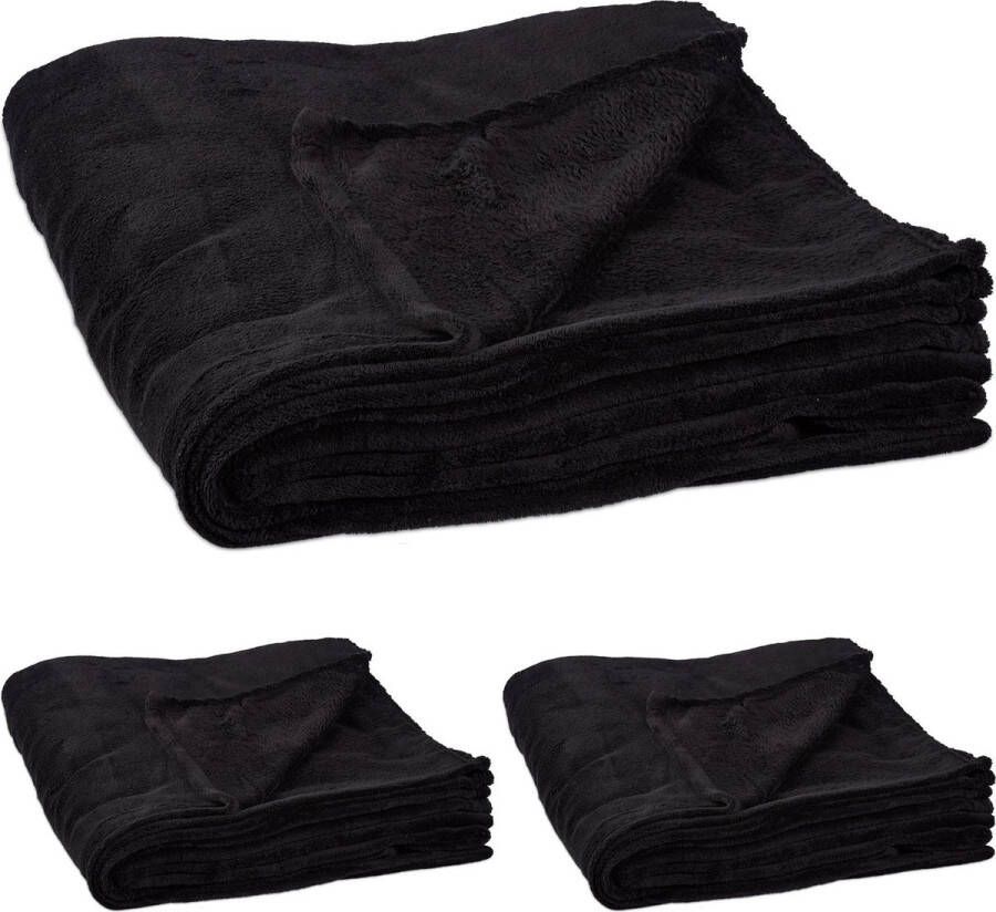 Relaxdays 3x fleece deken 200x220 cm plaid kleed polyester zwart xxl groot