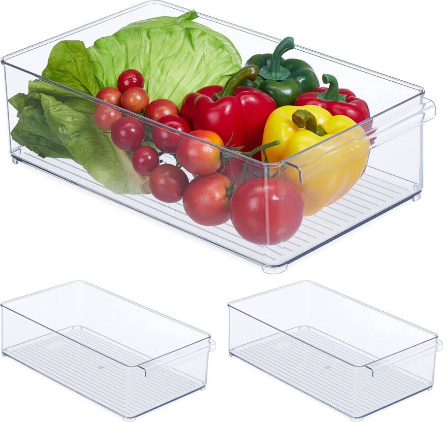 Relaxdays 3x koelkast organizer met handgreep koelkast bakje fruit keuken organizer