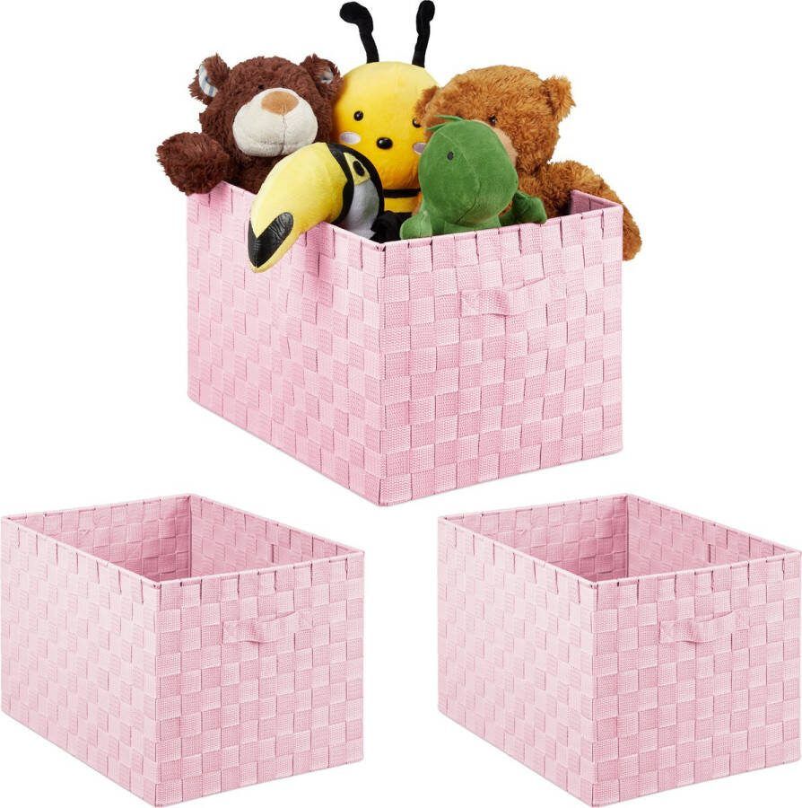 Relaxdays 3x opbergmand badkamer handgrepen badkamer mand gevlochten roze