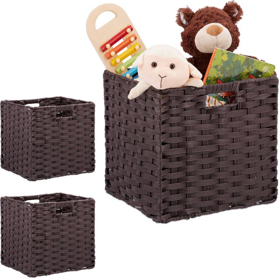 Relaxdays 3x opbergmand bruin opvouwbaar gevlochten mand kunststof 31x32x30 cm