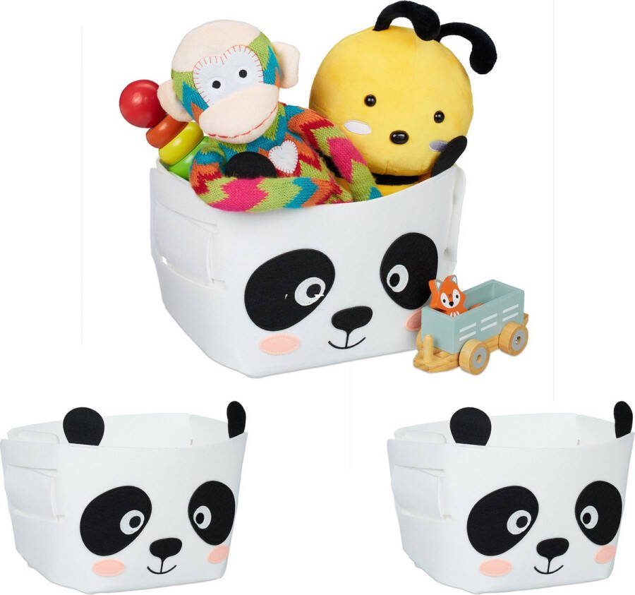 Relaxdays 3x opbergmand kinderkamer vilten mand panda opvouwbare speelgoedmand baby
