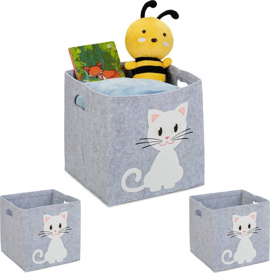 Relaxdays 3x opbergmand kinderkamer vilten speelgoedmand kat opbergbox speelgoed