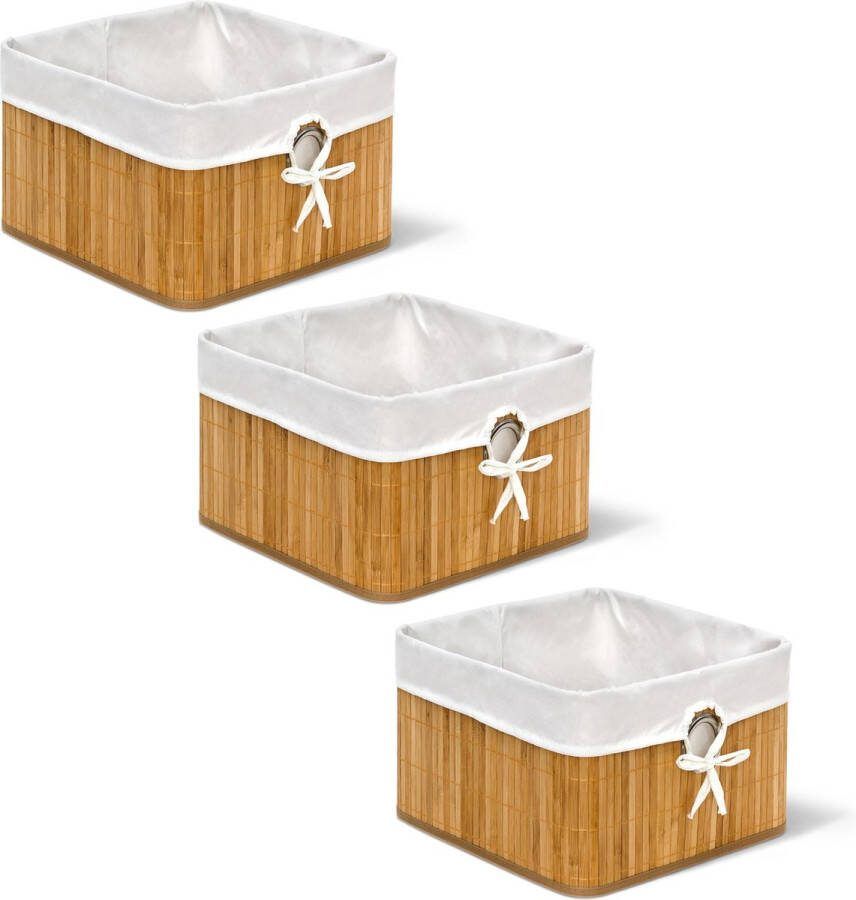 Relaxdays 3x opbergmand naturel bamboe mand met stof opbergbox voor in kast