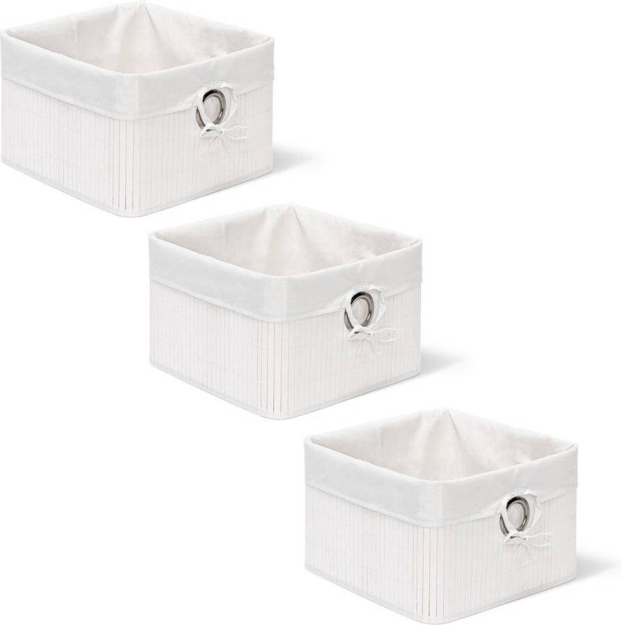 Relaxdays 3x opbergmand wit bamboe mand met stof opbergbox voor in kast