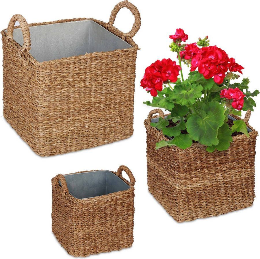 Relaxdays 3x plantenmand met zinken bak gevlochten bloempot buiten zeegras plantenpot