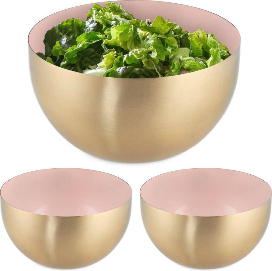 Relaxdays 3x saladeschaal 1 liter roze-goud saladekom mengkom rvs bakken