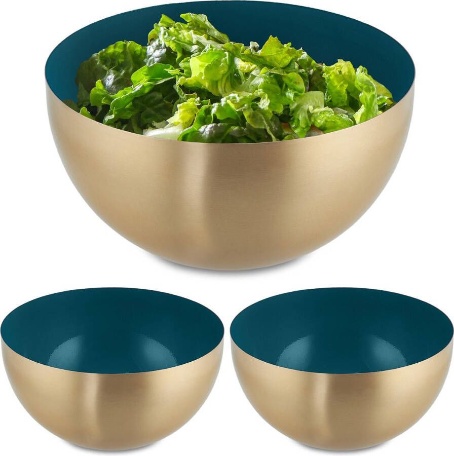 Relaxdays 3x saladeschaal 2 liter groen-goud serveerschaal rond mengkom rvs