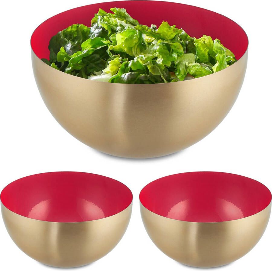 Relaxdays 3x saladeschaal 2 liter rood-goud serveerschaal rond mengkom rvs
