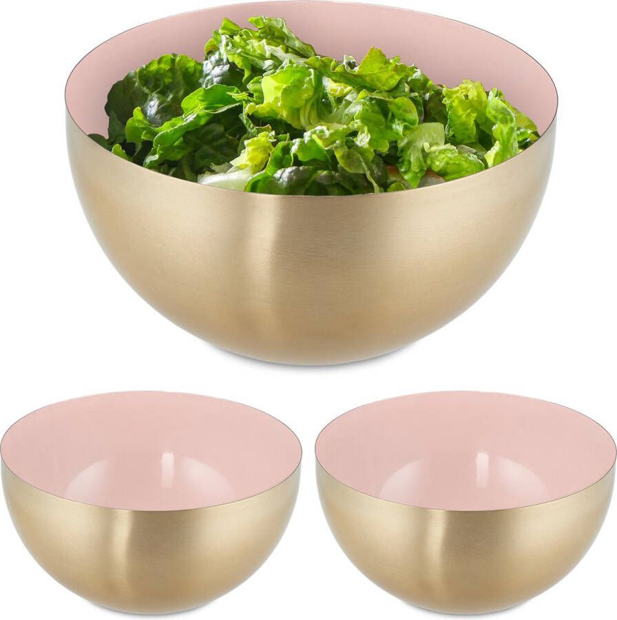 Relaxdays 3x saladeschaal 2 liter roze-goud serveerschaal rond mengkom rvs