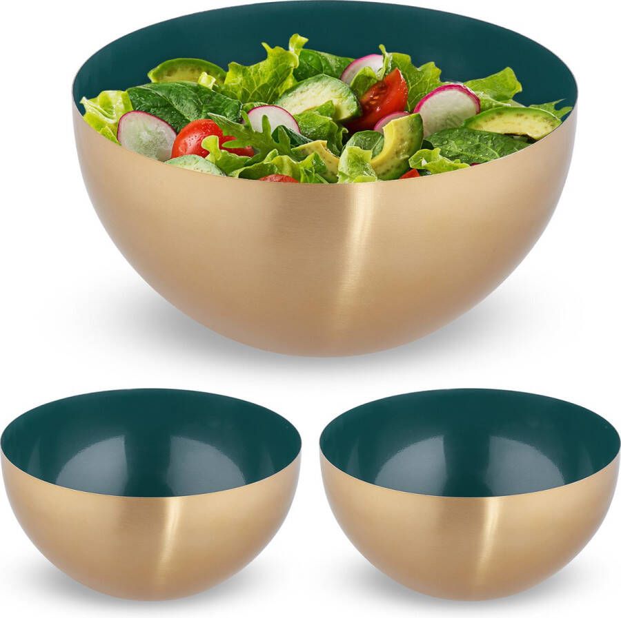Relaxdays 3x saladeschaal 3 5 liter groen-goud slakom mengkom Ø 25cm rvs