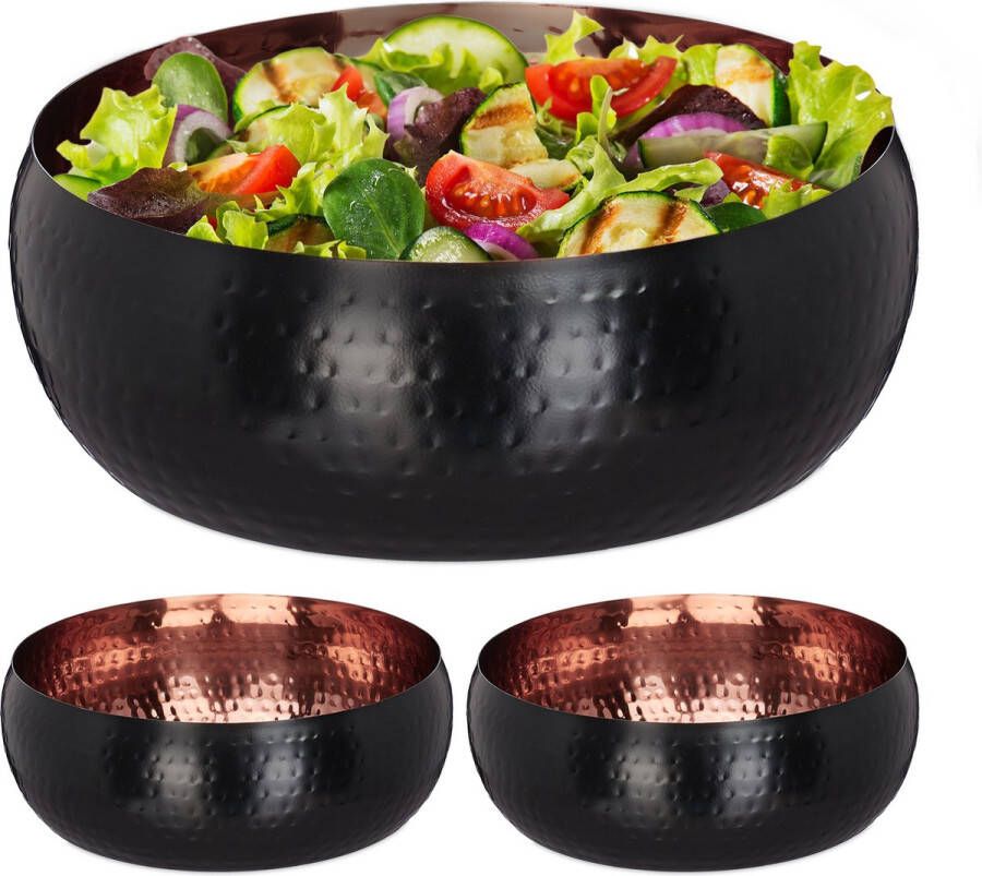 Relaxdays 3x saladeschaal rvs Ø 25 cm gehamerde look serveerschaal zwart koper