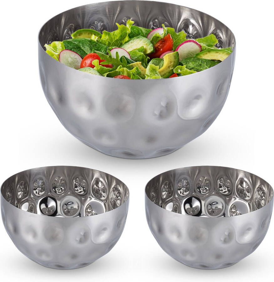 Relaxdays 3x saladeschaal zilver saladekom rvs 1 liter serveerkom metalen schaal