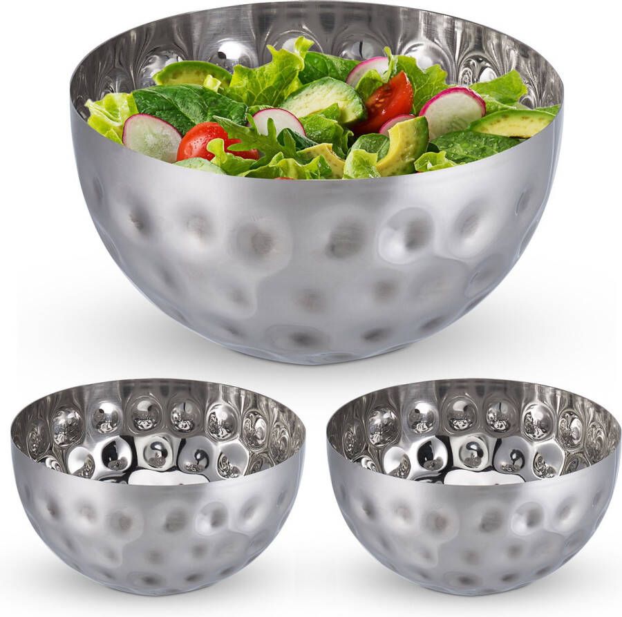Relaxdays 3x saladeschaal zilver saladekom rvs deco schaal serveerkom 2 liter