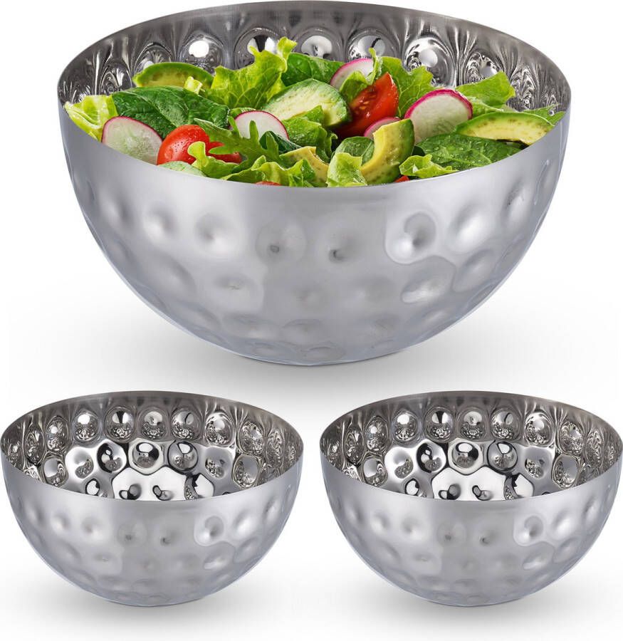 Relaxdays 3x saladeschaal zilver saladekom rvs deco schaal serveerkom 3 5 liter