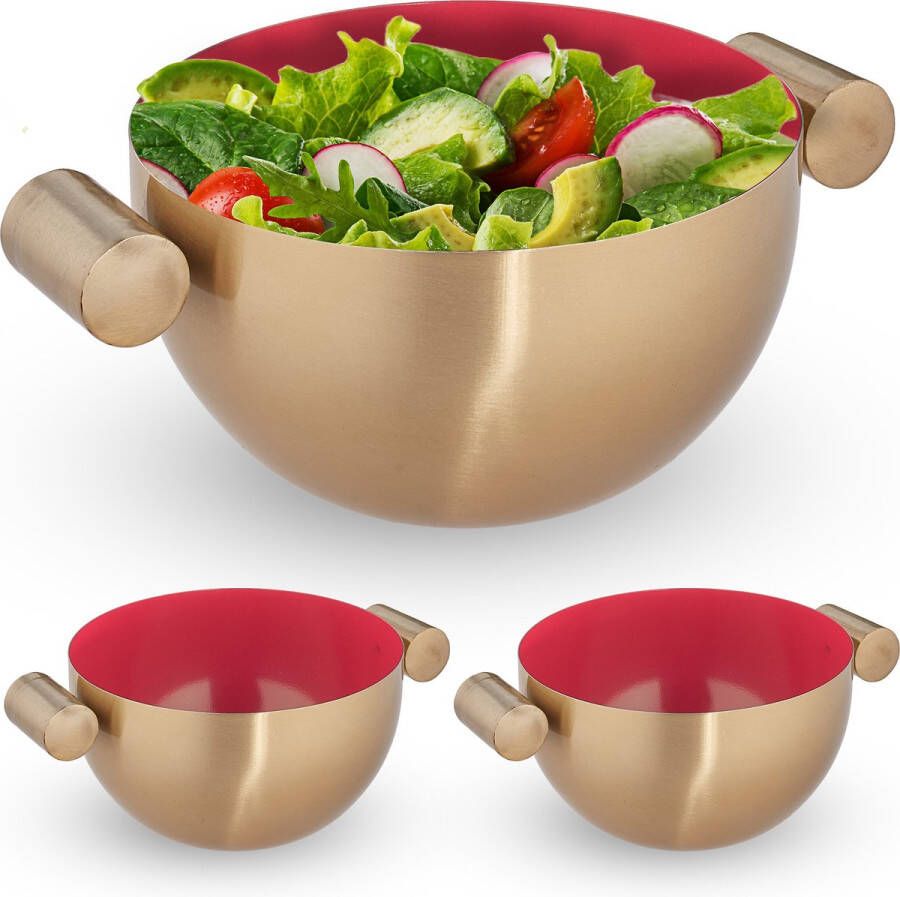 Relaxdays 3x serveerkom rvs saladeschaal 1 liter mengkom goud metalen schaal keuken