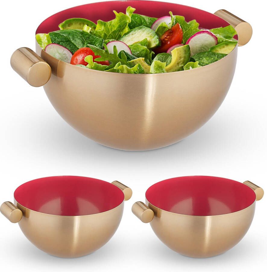 Relaxdays 3x serveerkom rvs saladeschaal hoog mengkom goud metalen schaal 2 liter