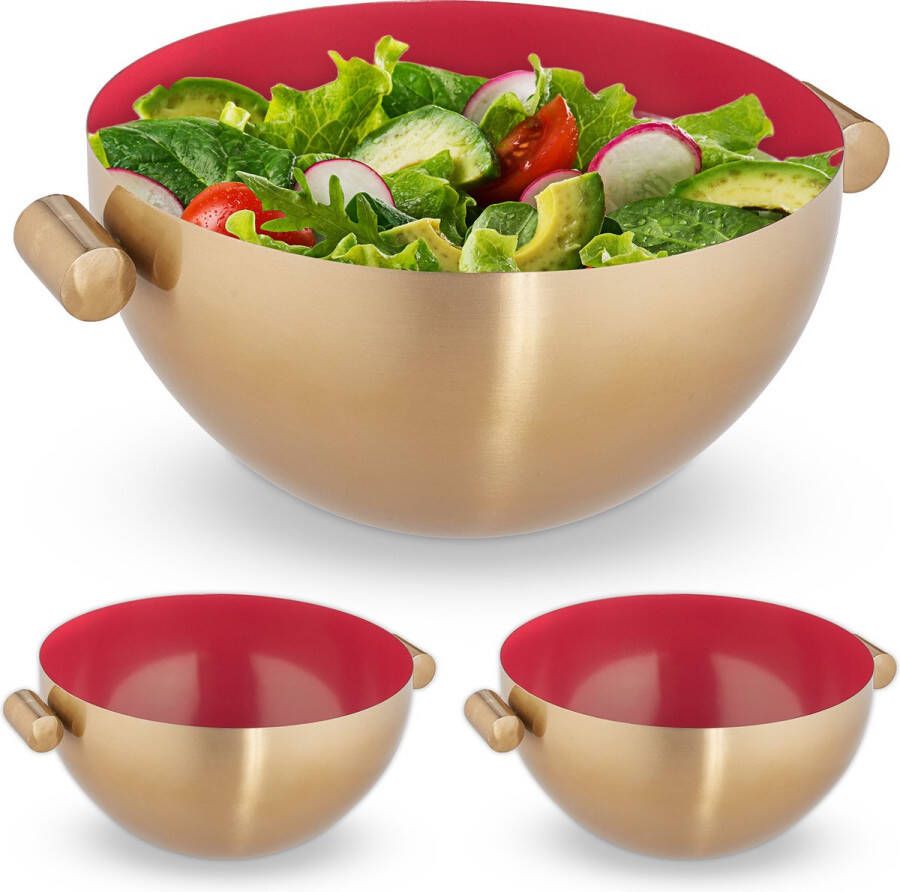 Relaxdays 3x serveerkom rvs saladeschaal mengkom goud 3 5 liter metalen schaal