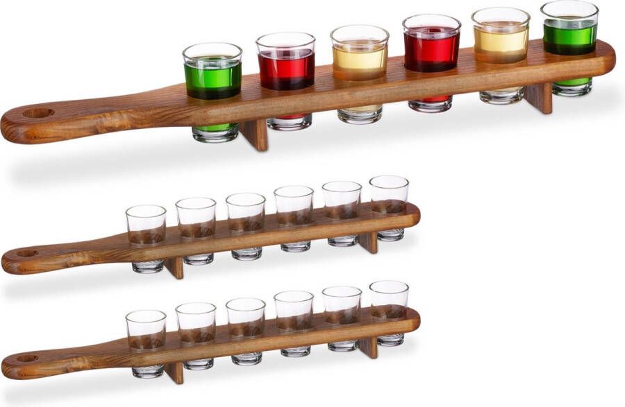 Relaxdays 3x shotglas set met plank serveerplank 12 glaasjes 4 cl shotglaasjes