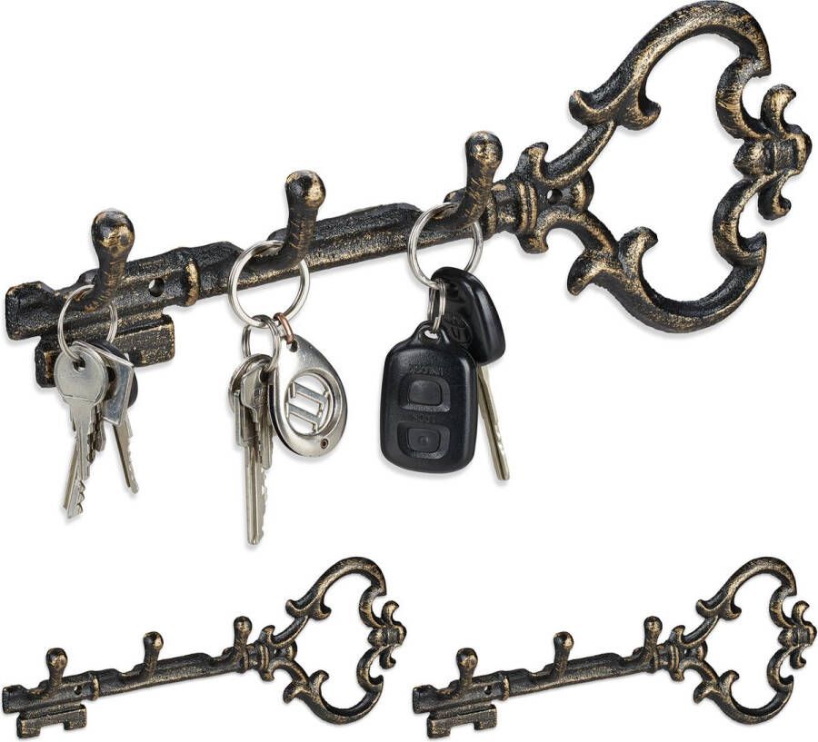Relaxdays 3x sleutelrekje vintage sleutel organizer 3 haken- sleutelrek 3 haken brons