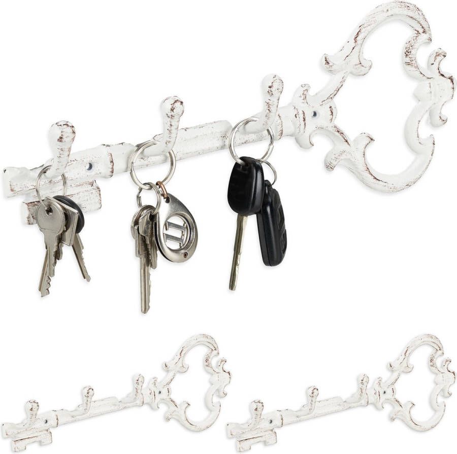 Relaxdays 3x sleutelrekje vintage sleutel organizer 3 haken- sleutelrek 3 haken wit