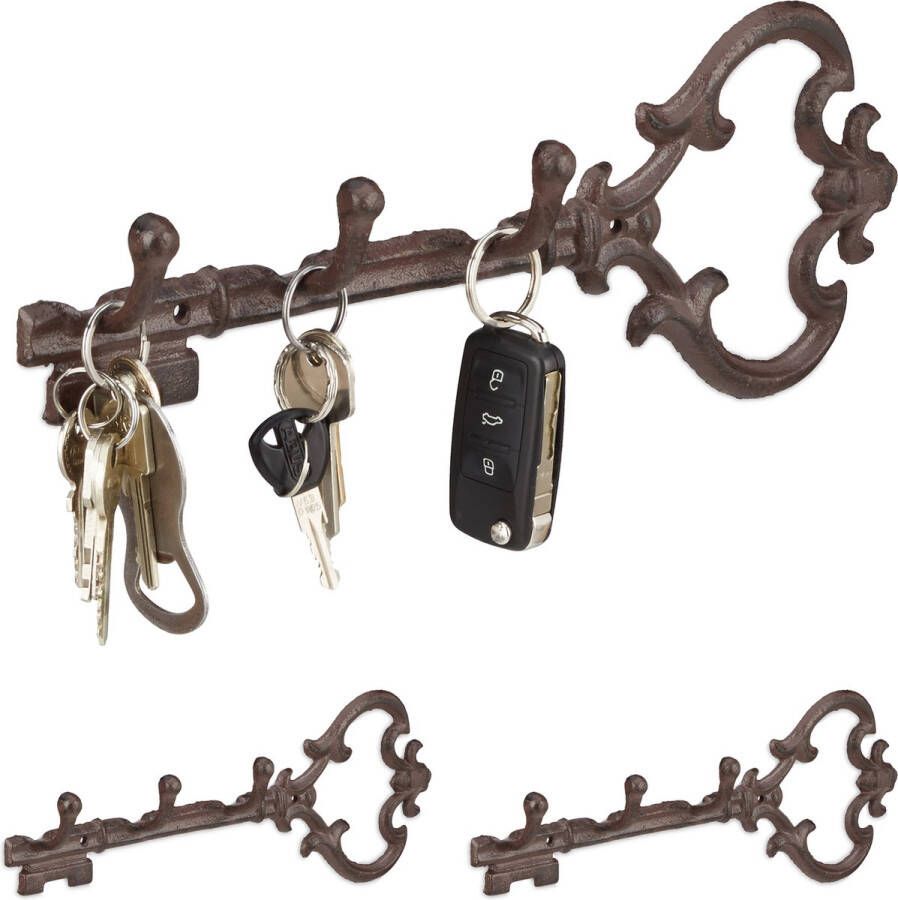 Relaxdays 3x sleutelrekje vintage sleutel organizer sleutelrek 3 haken ophanghaken