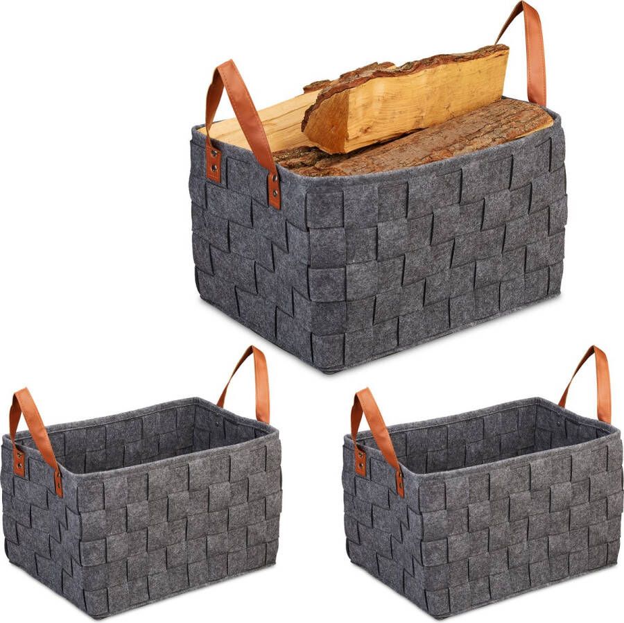 Relaxdays 3x vilten mand opbergmand houtmand groot opvouwbaar hengsels