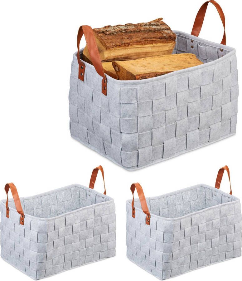 Relaxdays 3x vilten mand opbergmand opvouwbare speelgoedmand houtmand groot