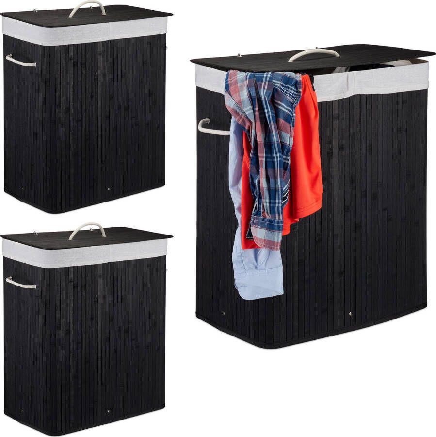 Relaxdays 3x wasmand 2 vakken bamboe wasbox zwart 95 liter opvouwbaar met deksel