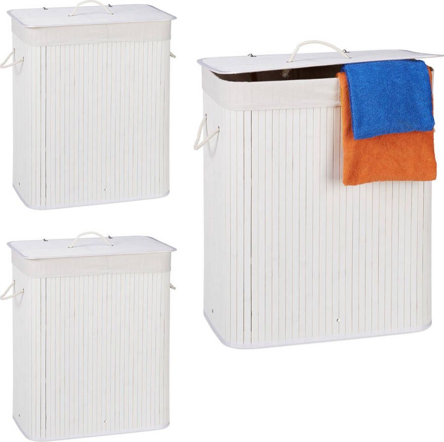 Relaxdays 3x wasmand 2 vakken witte bamboe wasbox 95 liter opvouwbaar met deksel