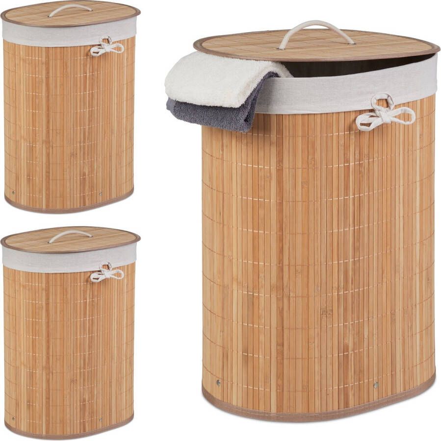 Relaxdays 3x wasmand bamboe opvouwbaar deksel wasbox 46 l uitneembare waszak
